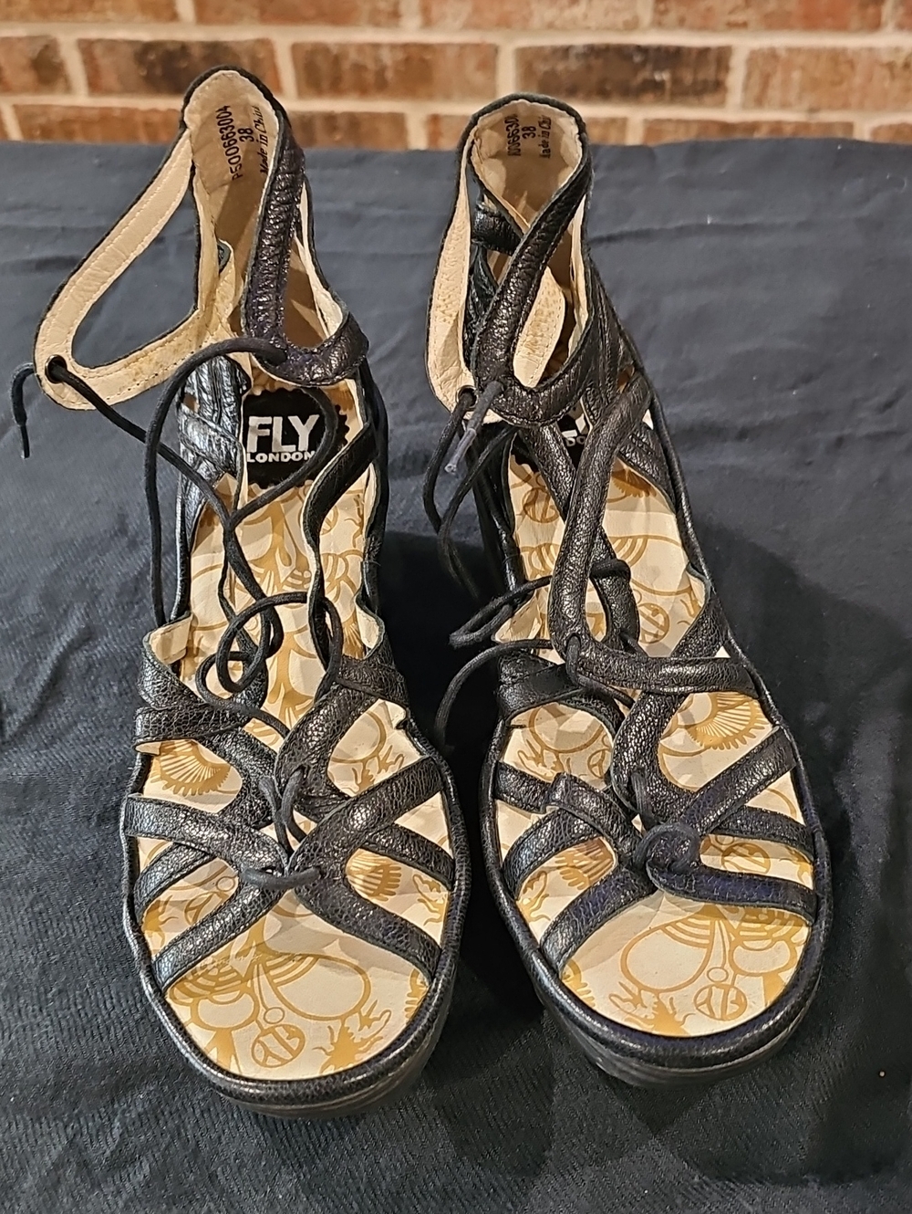 Fly London Black Strappy Lace-Up Sandals Size 38